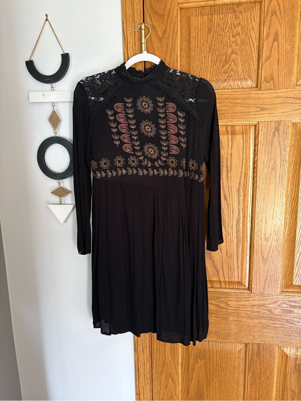 Xhilaration Black Long-Sleeve Mini Dress with Floral Embroidery and Lace Accents